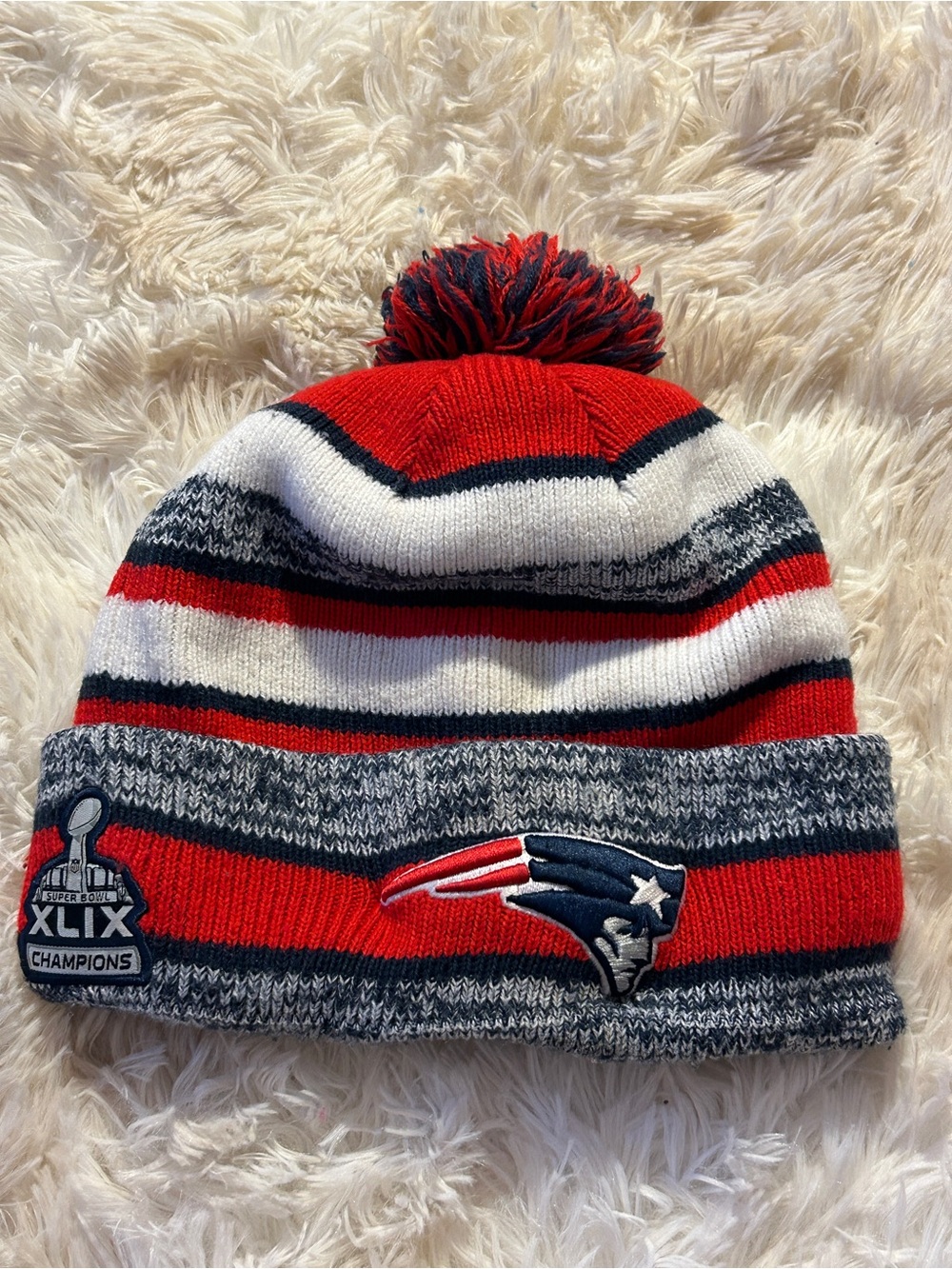 NFL New England Patriots Red White Navy Pom Pom Beanie